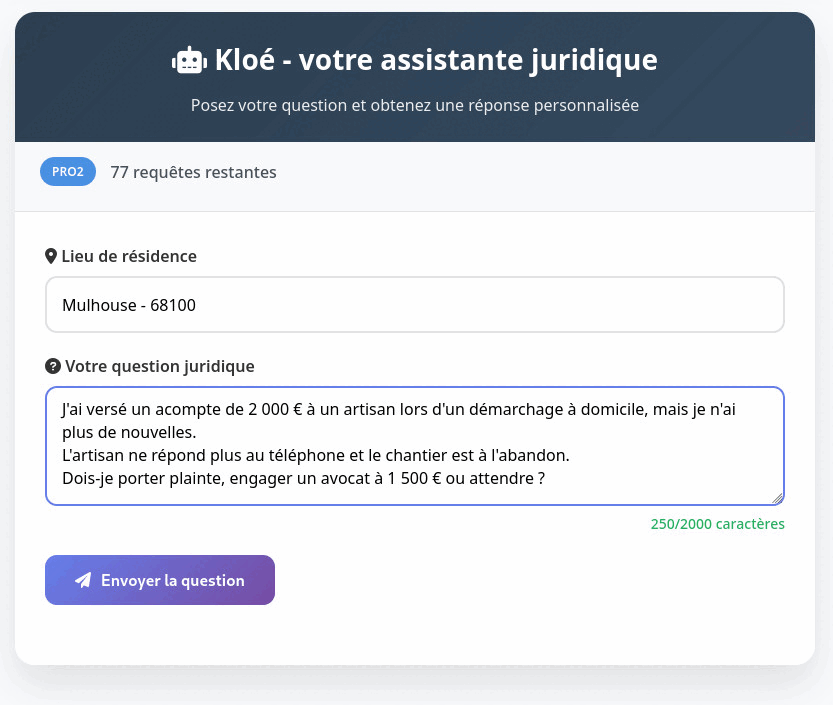 Démonstration de Kloé analysant un litige et donnant un score de 92%